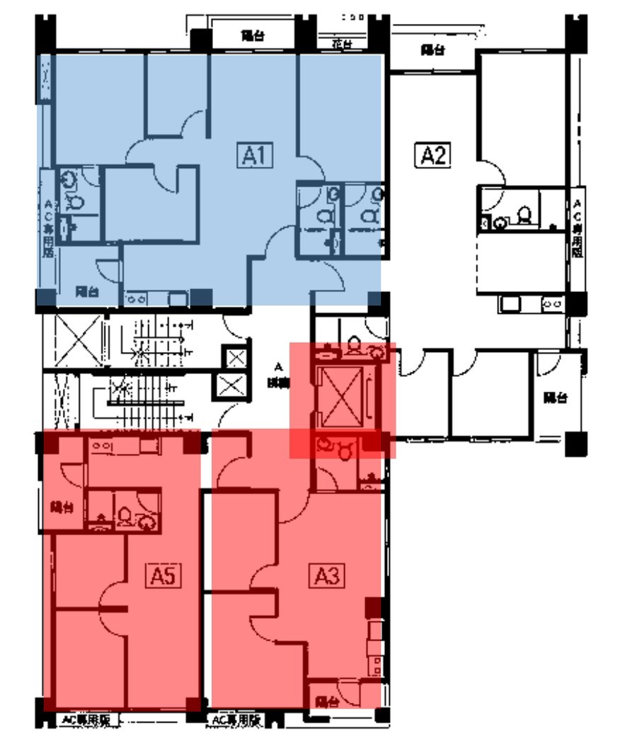 當層平面圖,顯示A1、A2、A3、A5四戶配置